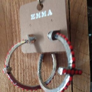 Red Stone Hoop Cross Earrings